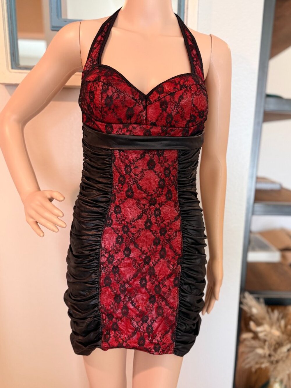 Coquette Red Black Lace Ruched Halter Bodycon Mini Dress